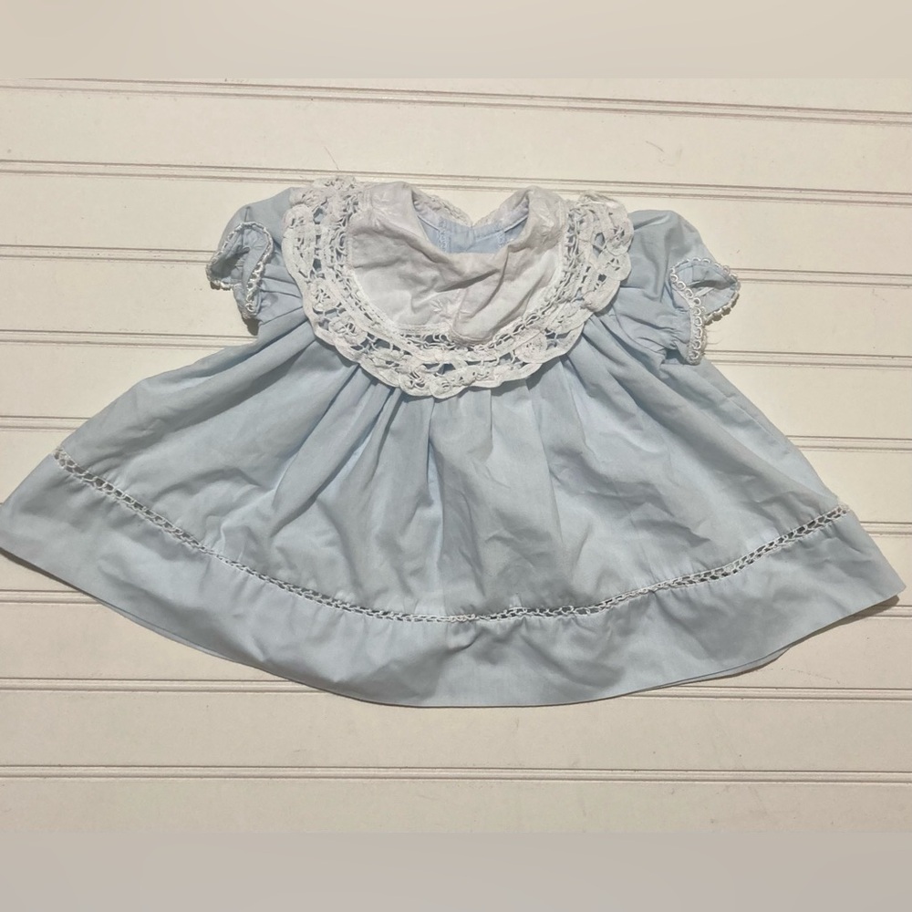 Peaches n’ Cream Baby Dress‎ 0-3 Months Blue White Lace Collar Trim Party Formal